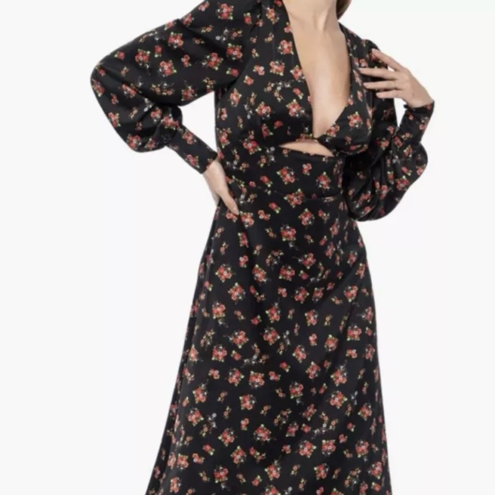 AFRM Viola Dress black floral long sleeve dress midi cutout size XS new